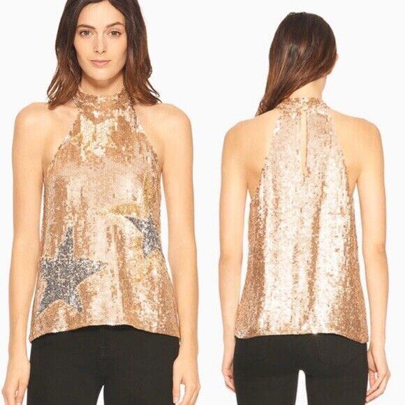 Parker Vika Sequin Tank Top in Blush Stars Gold Tan XS NYE Sparkle Party EUC - Picture 1 of 11